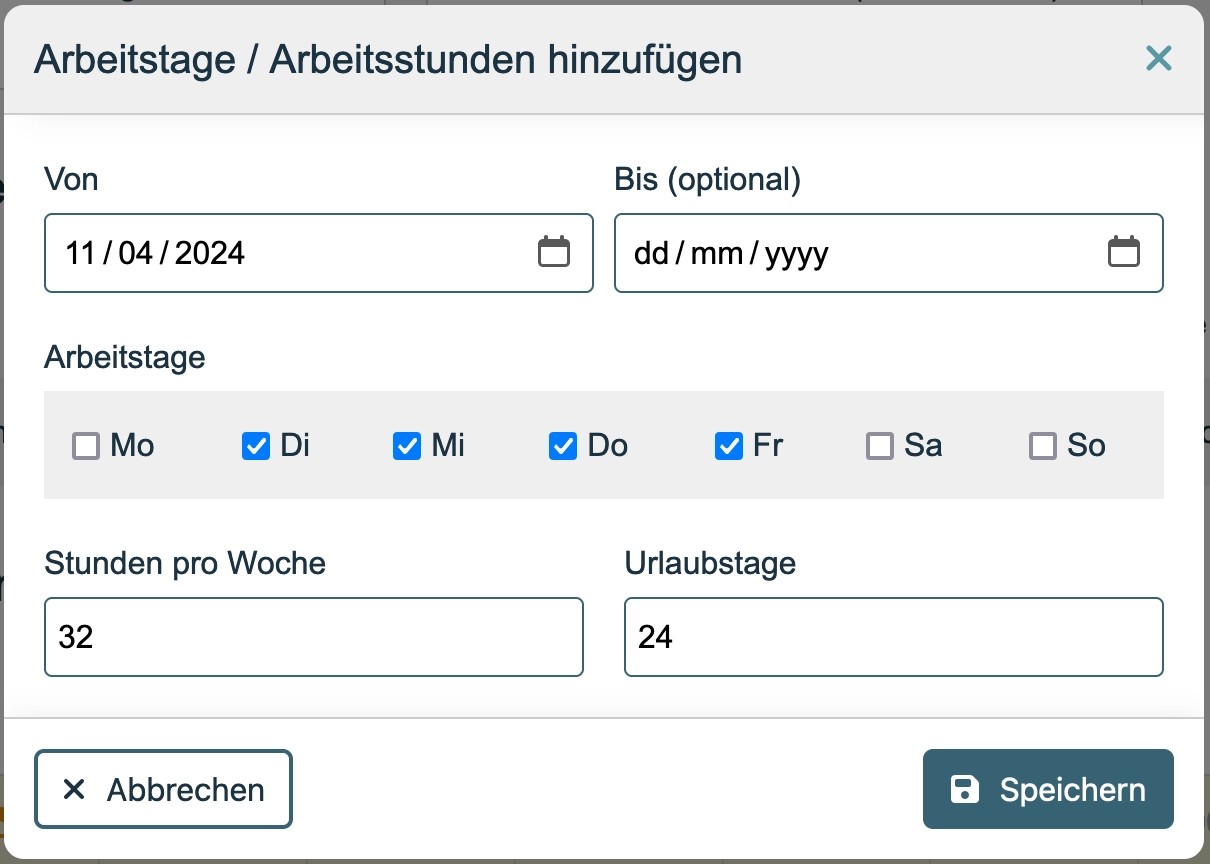 Benutzerfreundliches Forumlar zum Anlgen neuer Arbeitstage bzw. Arbeitsstunden