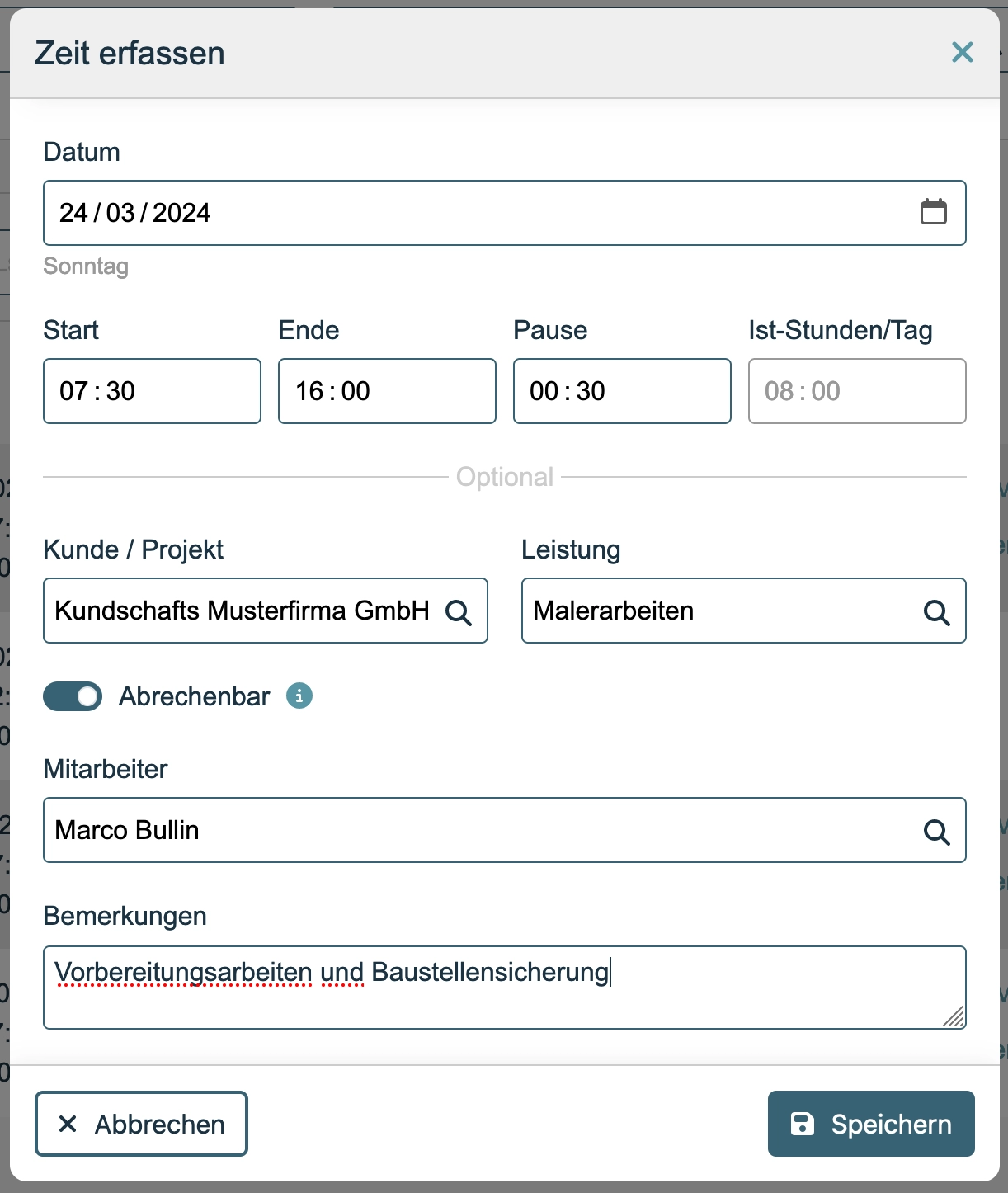 Zeiterfassungsformular mit allen wichtigen Daten