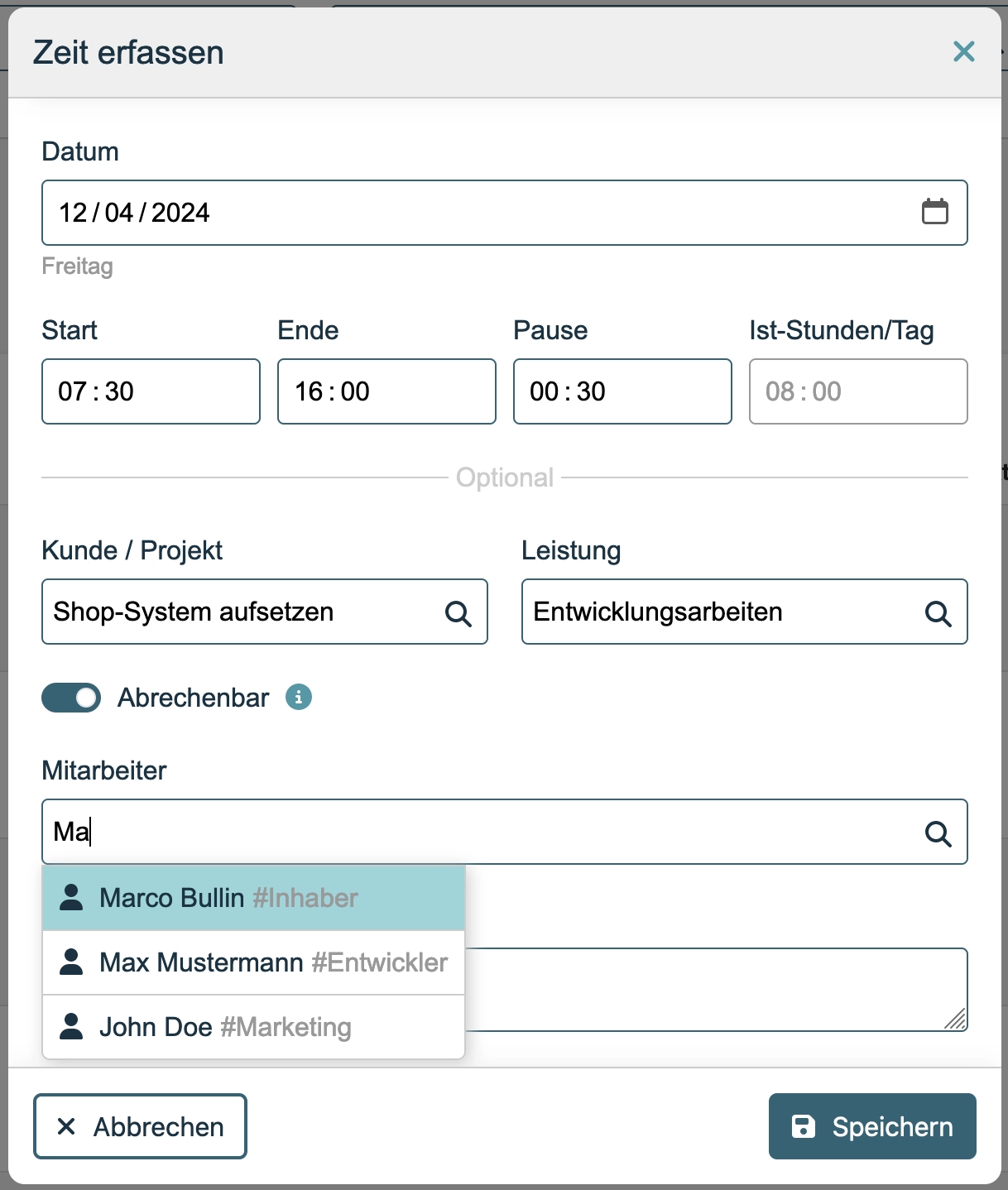 Mitarbeiter bei der Zeiterfassung auswählen und Zeiten buchen