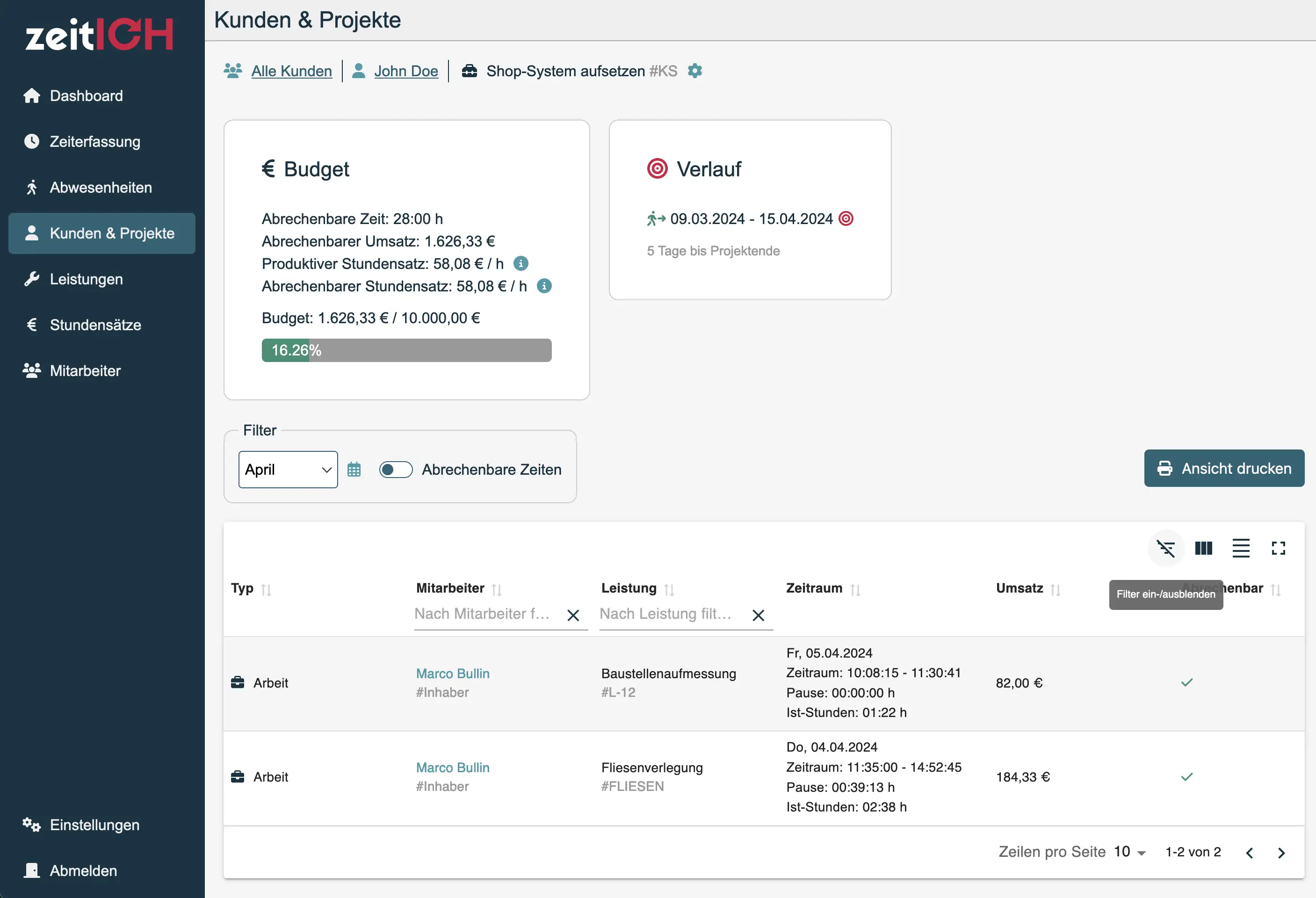Projektdetails mit allen Zeiten und gebuchten Leistungen