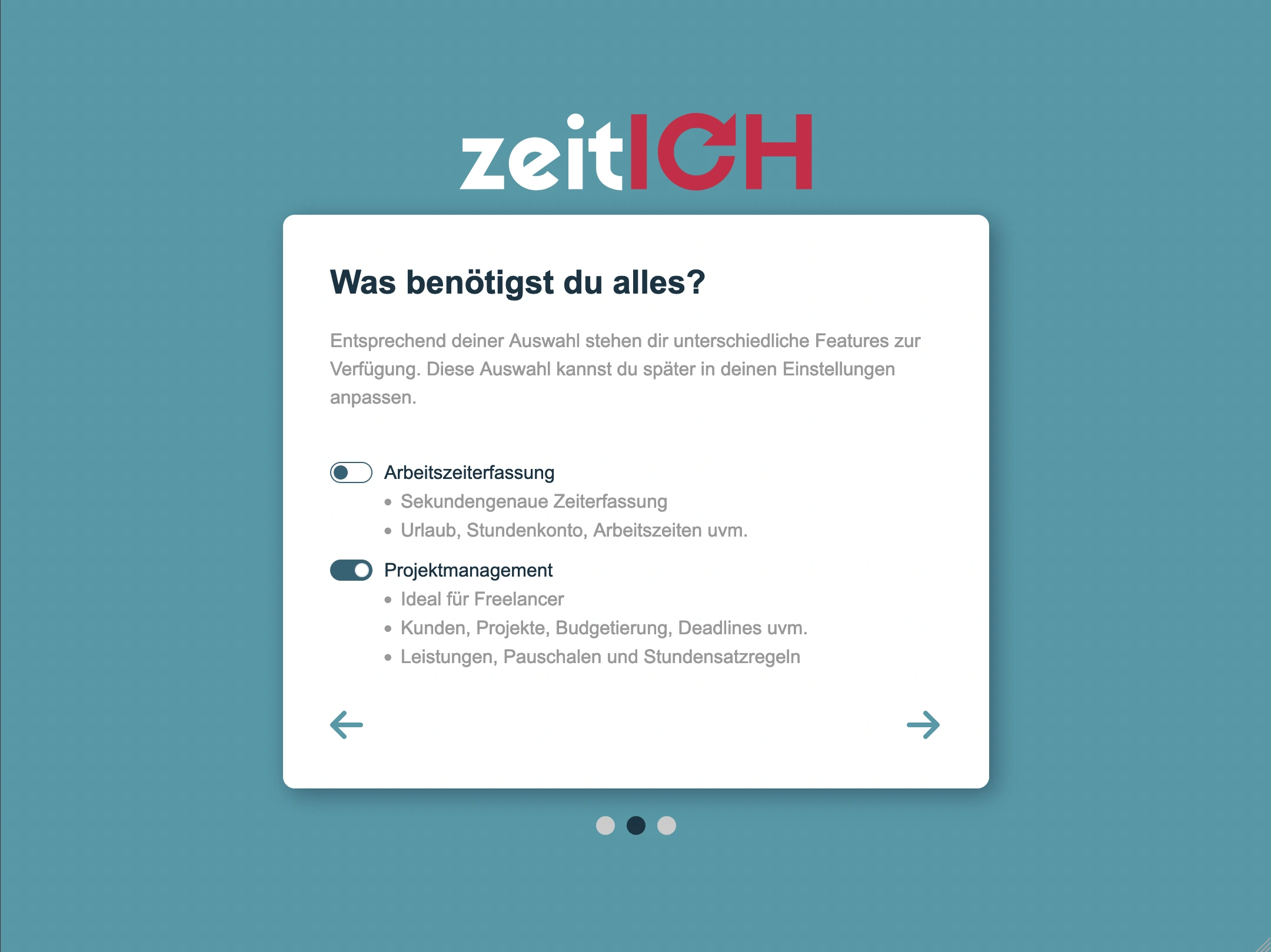 Wähle Arbeitszeiterfassung oder Projektmanagement aus
