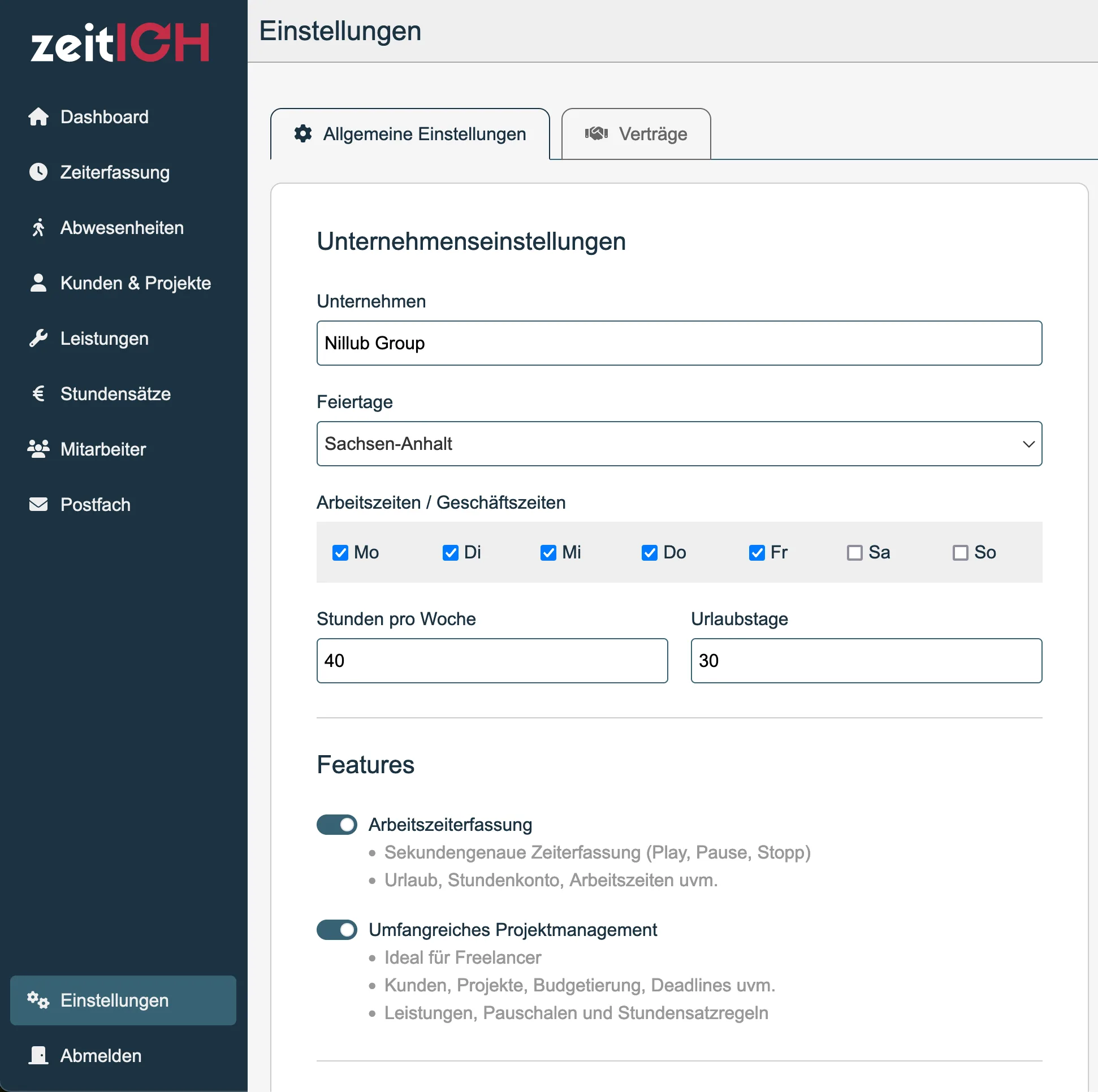 Aktiviere die Projektverwaltung in deinen Einstellungen von zeitICH