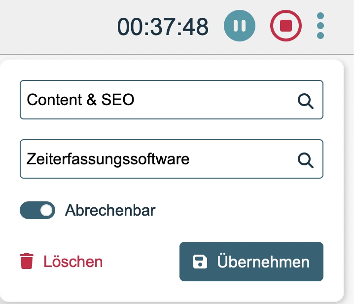 Projektzeit erfassen und Projektname und Leistung eintragen