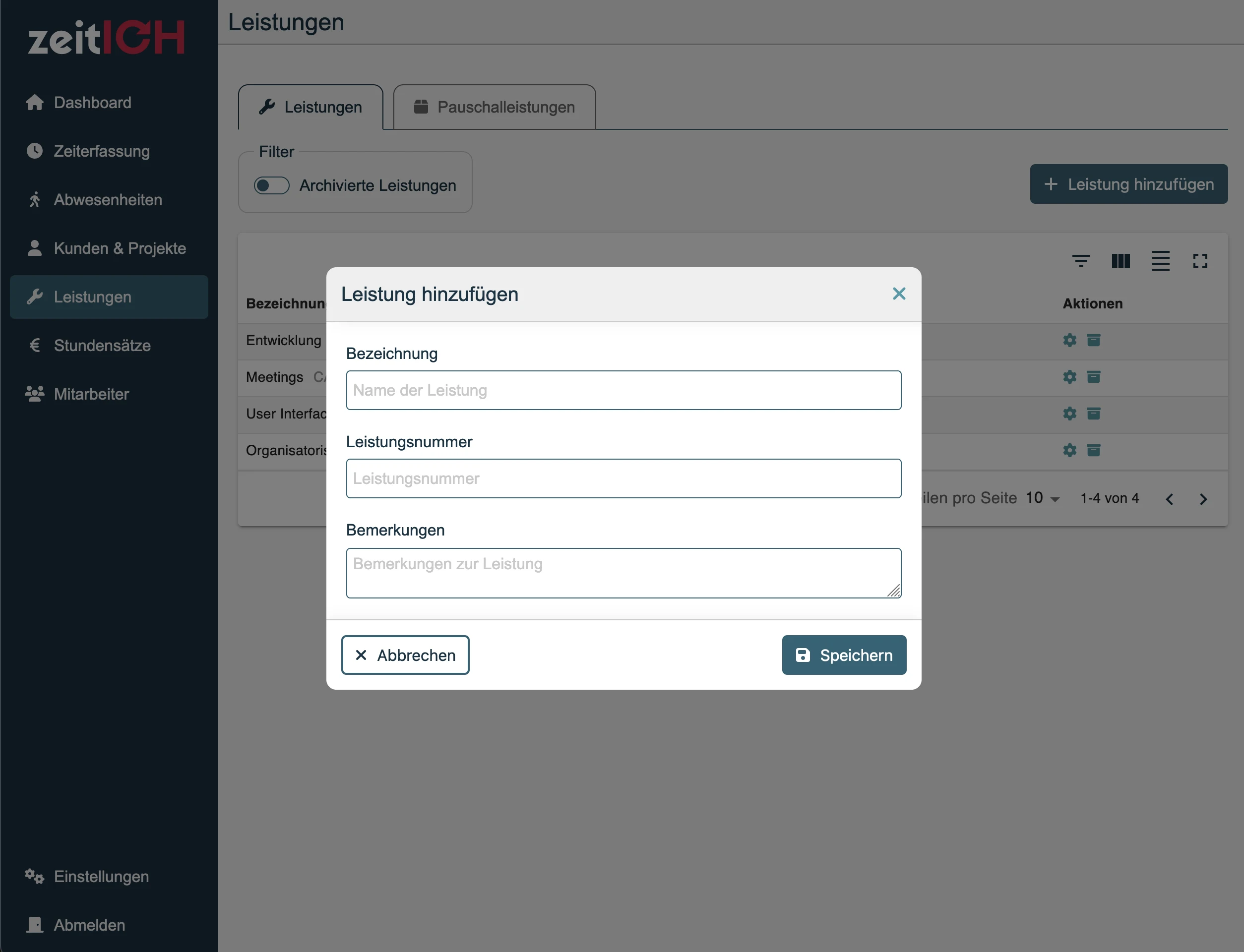 Erstelle eine neue Arbeitsleistung in der Zeiterfassungssoftware