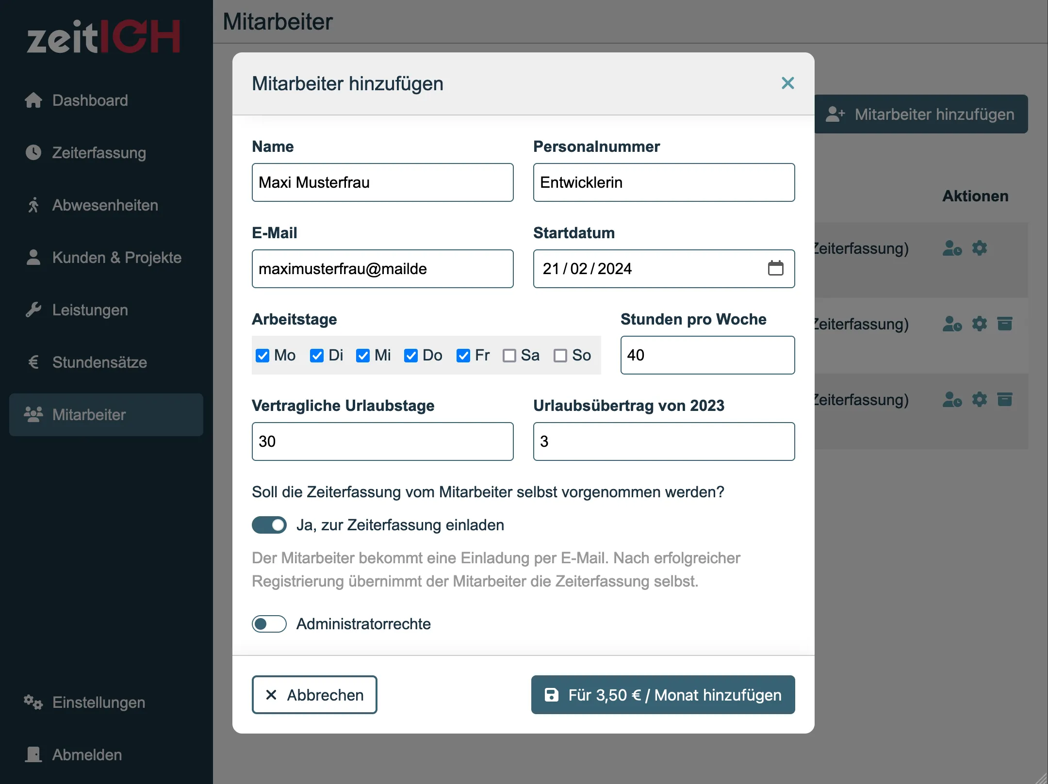 Füge einen Mitarbeiter zur digitalen Zeiterfassung hinzu