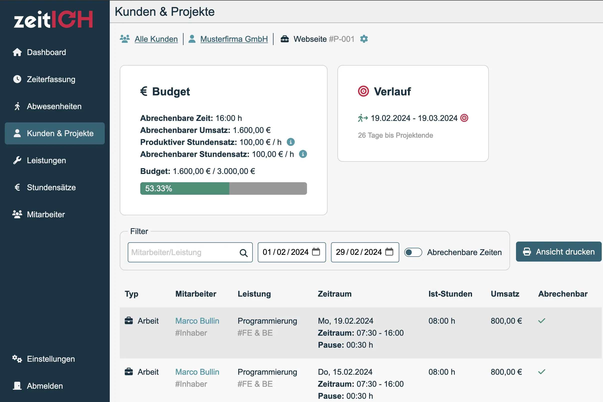 Projektdetails: Budgetierung, Projektfortschritt, Deadlines und gebuchte Stunden