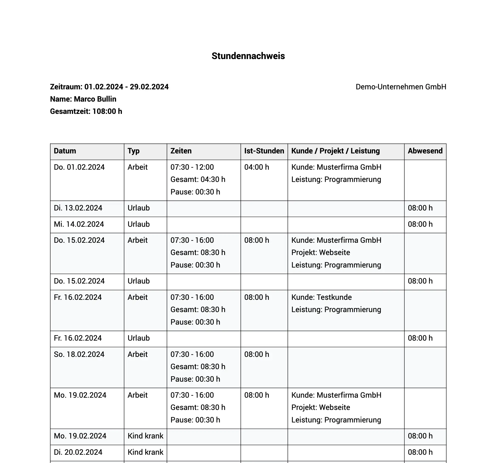 Berichte für Stundennachweis und Kostennachweis für Kunden und Projekte drucken